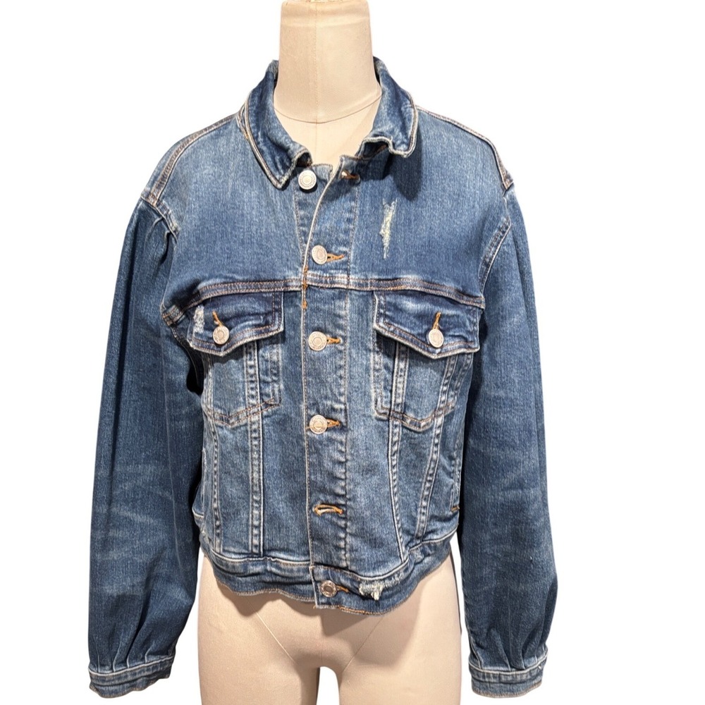 Vervet Puff Sleeve Trucker Denim Jacket Medium Wash Distressed Blue Y2K Festival